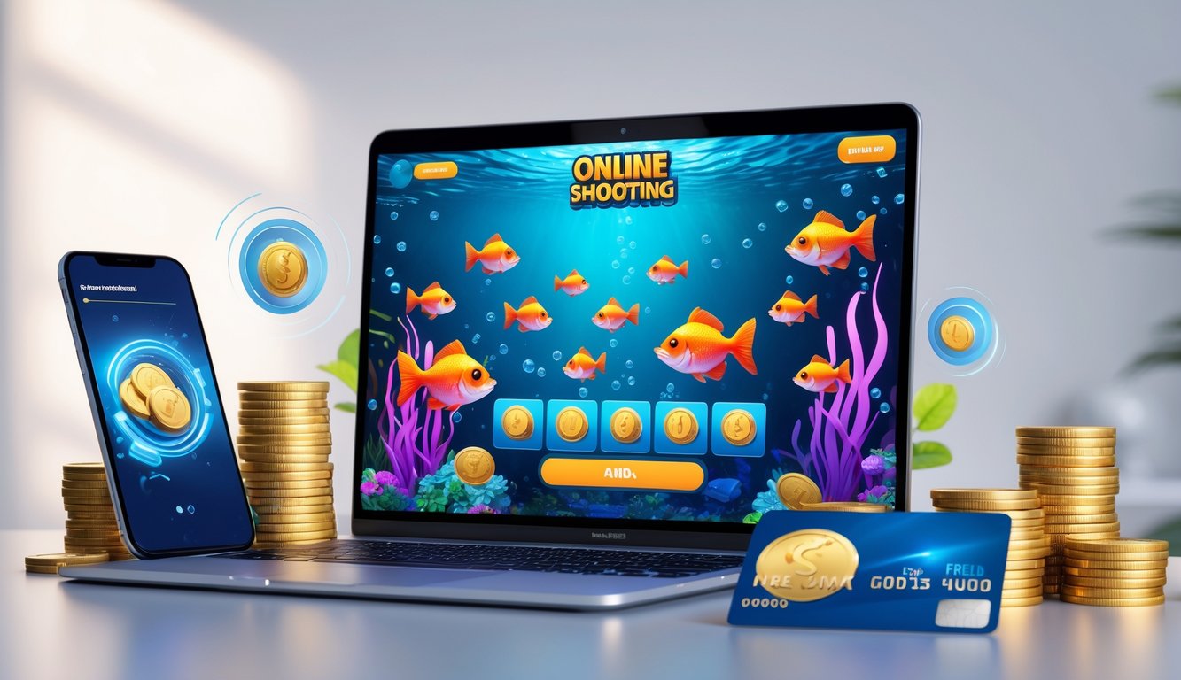 Sebuah layar komputer menampilkan permainan tembak ikan online dengan grafik ikan berwarna-warni dan ikon jackpot, dikelilingi oleh smartphone, koin, dan kartu kredit sebagai simbol pembayaran terpercaya.