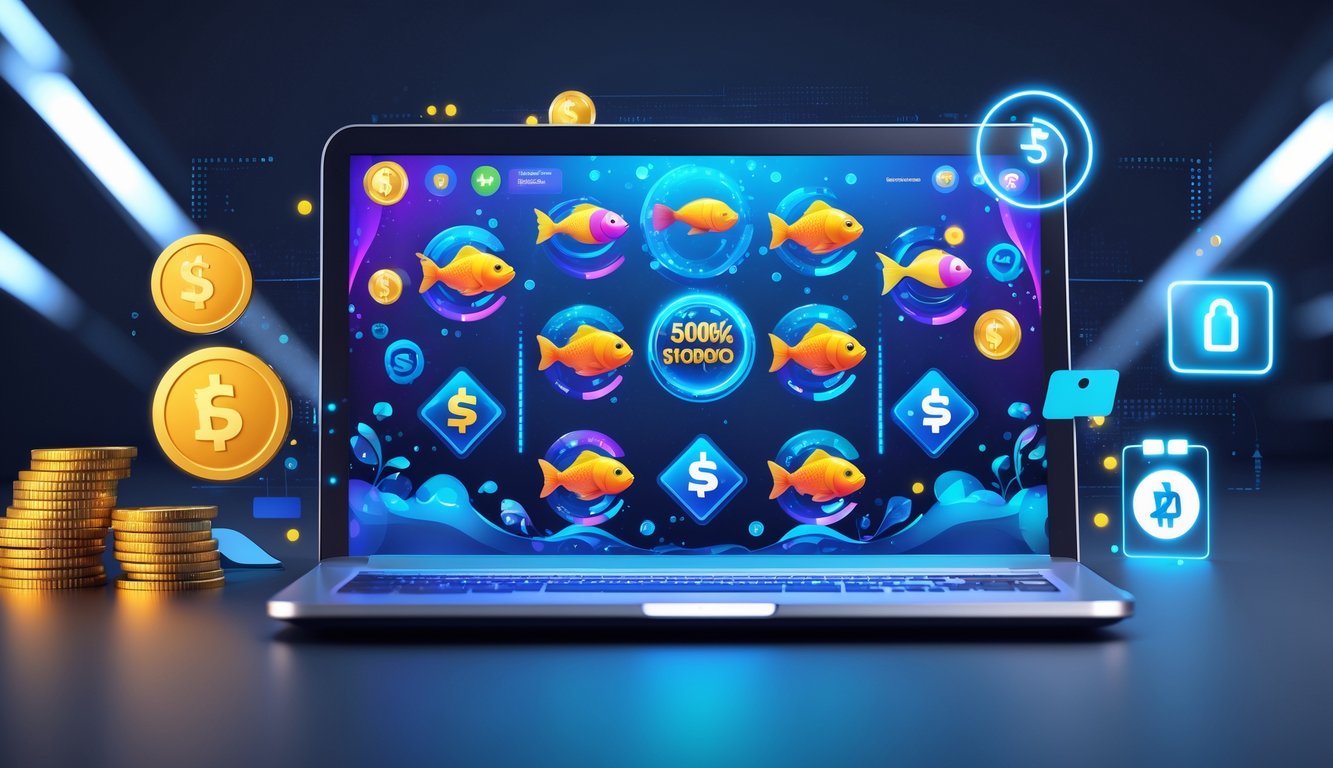 Seseorang sedang bermain game tembak ikan online di perangkat digital dengan latar belakang bertema bawah laut dan simbol pembayaran digital.