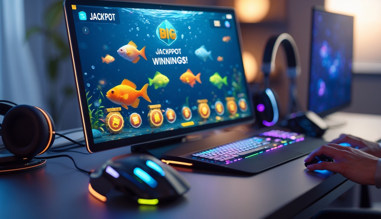Seseorang sedang bermain game tembak ikan di layar komputer dengan animasi ikan berwarna-warni dan ikon jackpot, di ruangan yang nyaman dan terang.