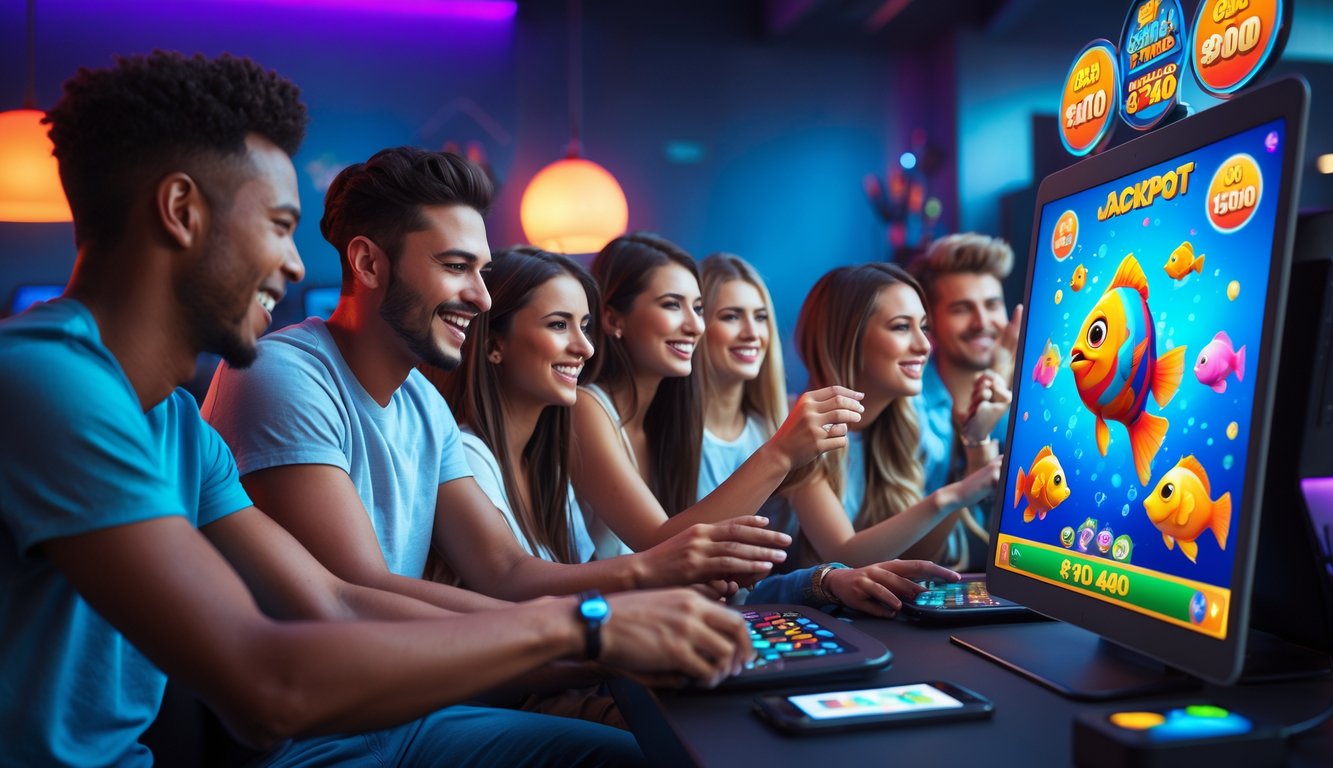 Sekelompok orang muda bermain permainan tembak ikan di layar komputer dengan ekspresi senang dan fokus, di ruang bermain yang nyaman dengan pencahayaan hangat.