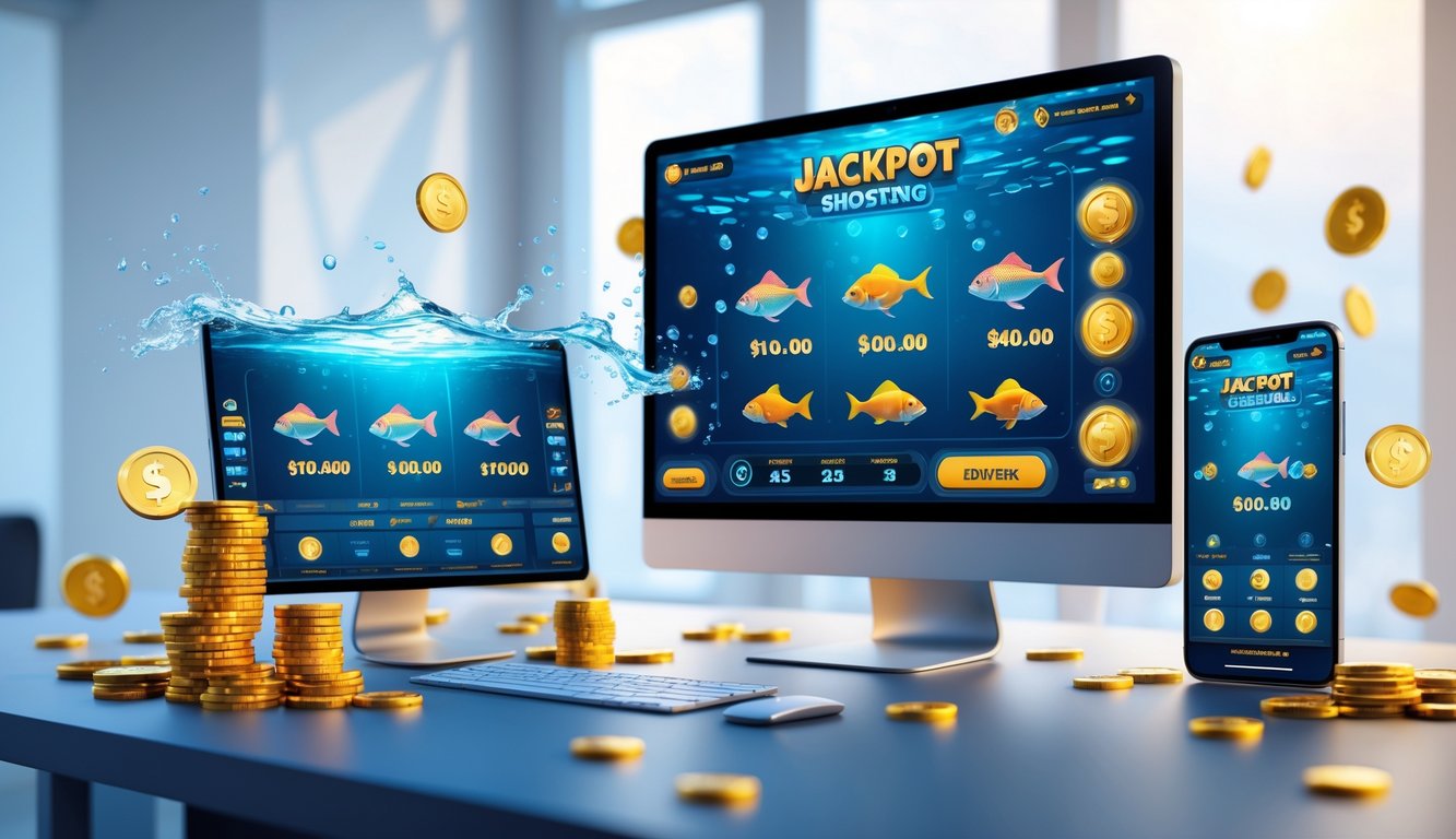 Seseorang menggunakan komputer dan ponsel untuk bermain game tembak ikan dengan grafik ikan berwarna-warni dan ikon jackpot di layar.