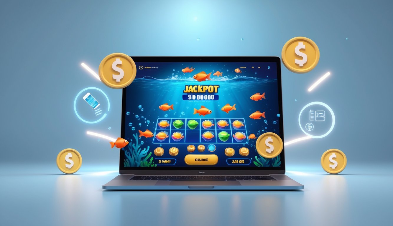 Layar perangkat digital menampilkan permainan tembak ikan dengan grafis ikan berwarna-warni dan ikon jackpot, dikelilingi simbol transaksi pulsa digital.