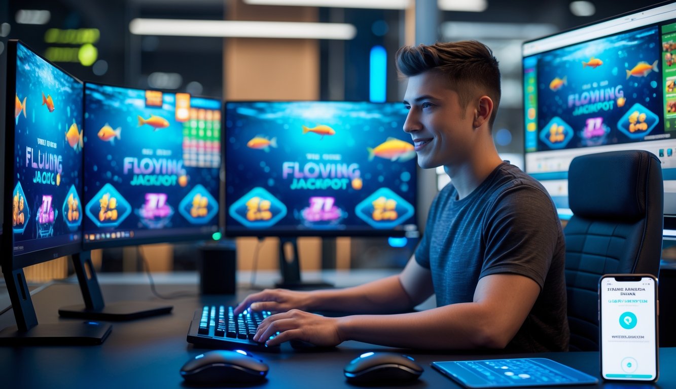 Seorang pria muda sedang bermain game tembak ikan jackpot di komputer dengan layar menampilkan grafik ikan berwarna-warni, di meja terdapat ponsel yang menunjukkan proses deposit pulsa.