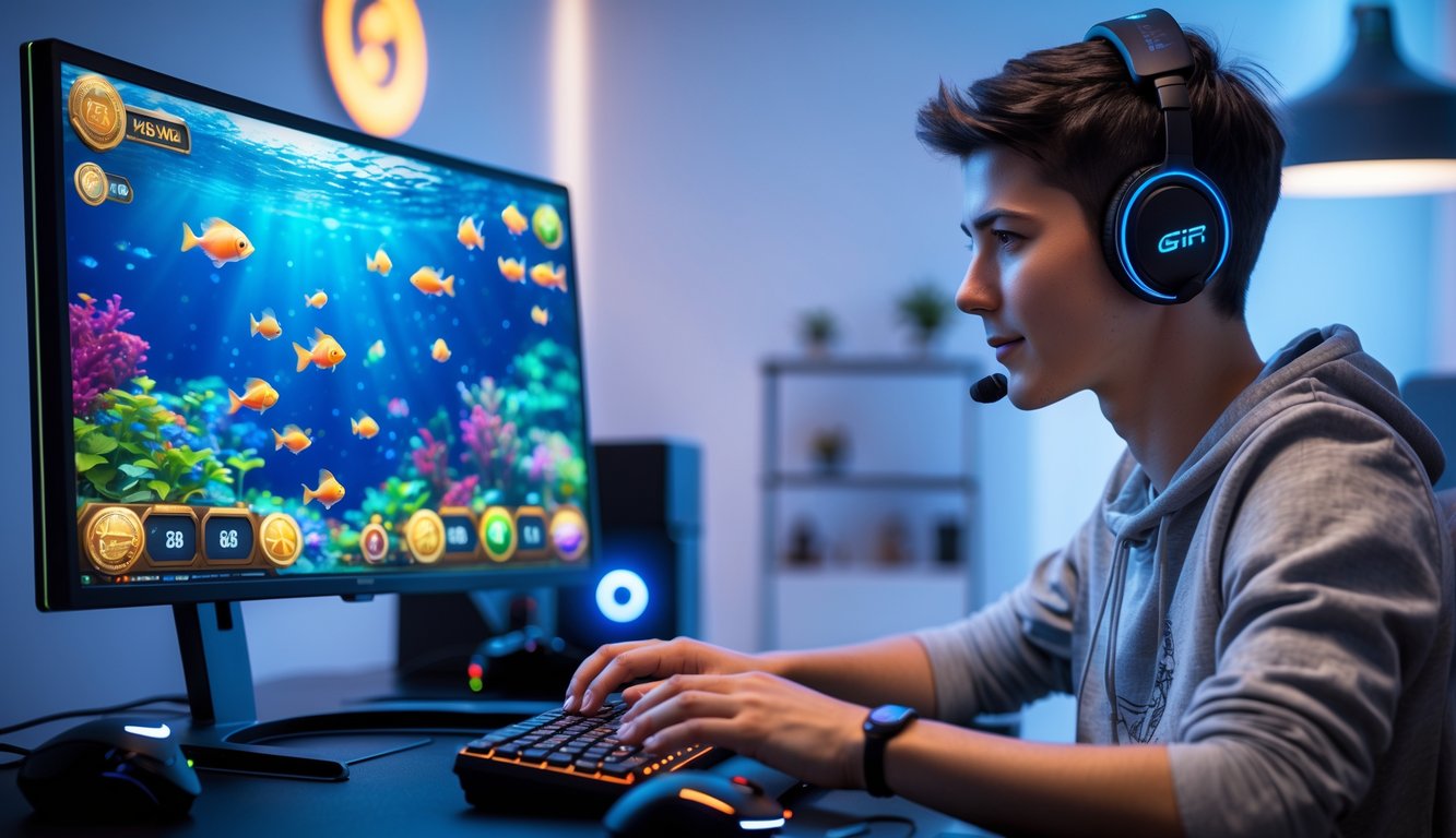 Seorang pemain muda fokus bermain game tembak ikan di komputer dengan latar ruangan yang bersih dan pencahayaan lembut.