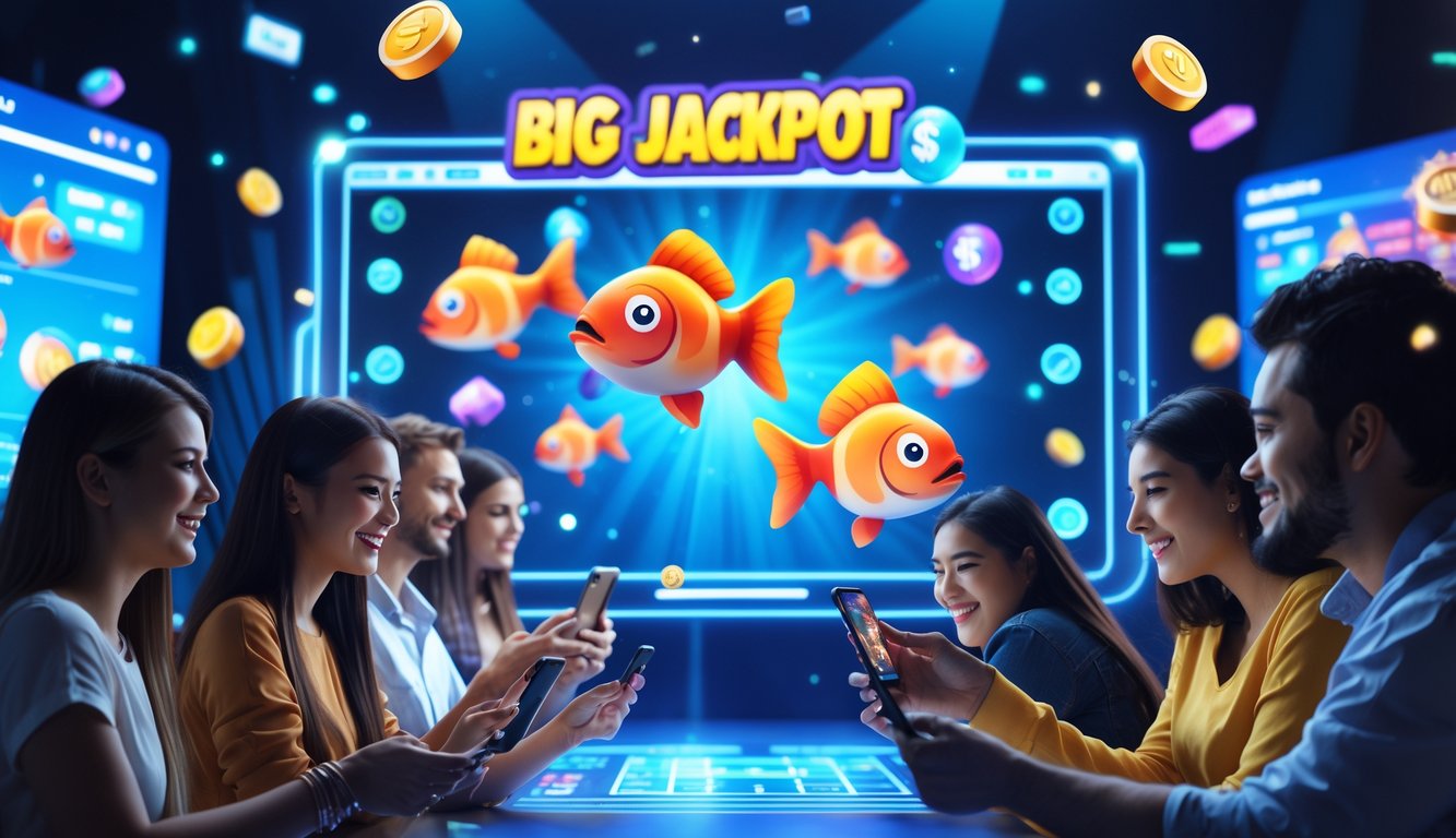 Sekelompok orang muda bermain game tembak ikan di perangkat digital dengan tampilan ikan berwarna-warni dan ikon jackpot yang menyala.