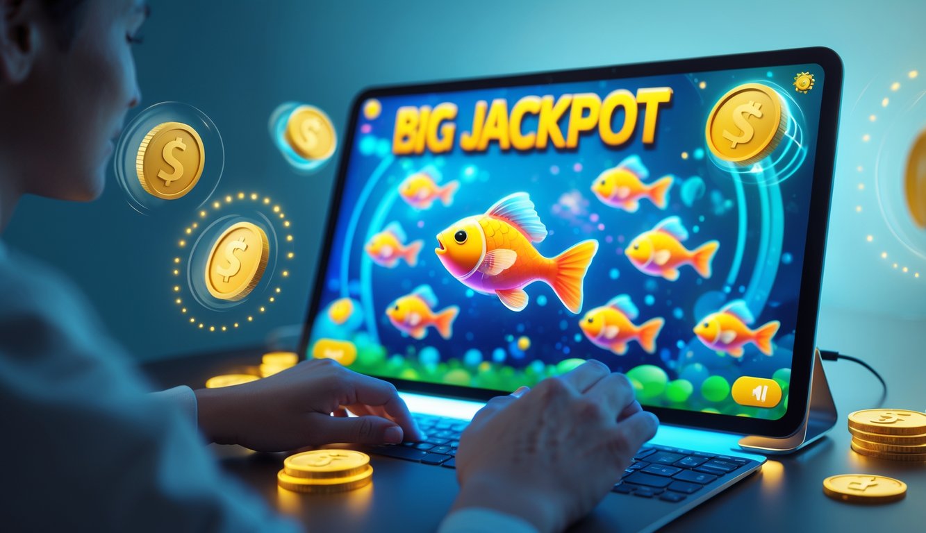 Seseorang bermain game tembak ikan di perangkat digital dengan tampilan ikan warna-warni dan ikon jackpot yang menyala.