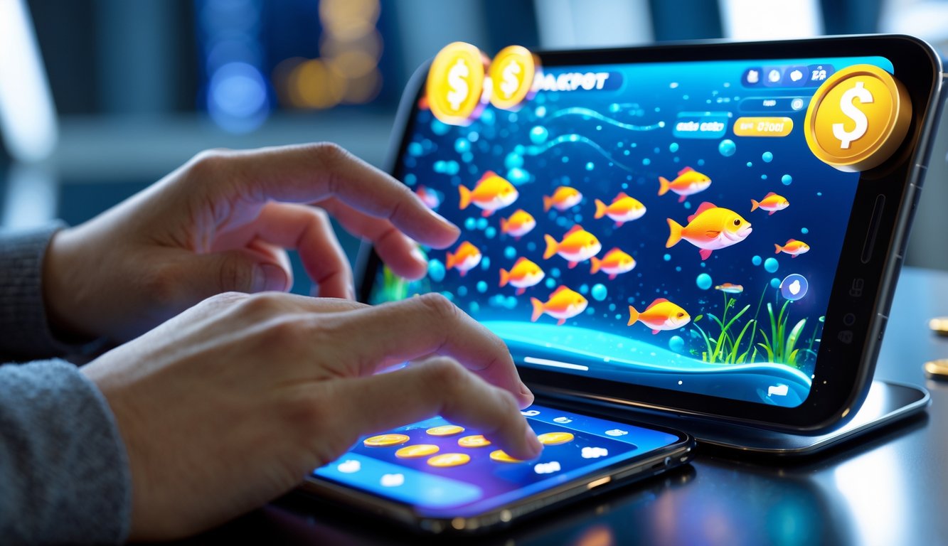 Seseorang menggunakan ponsel untuk bermain permainan tembak ikan online dengan ikan berwarna-warni dan indikator jackpot di layar.