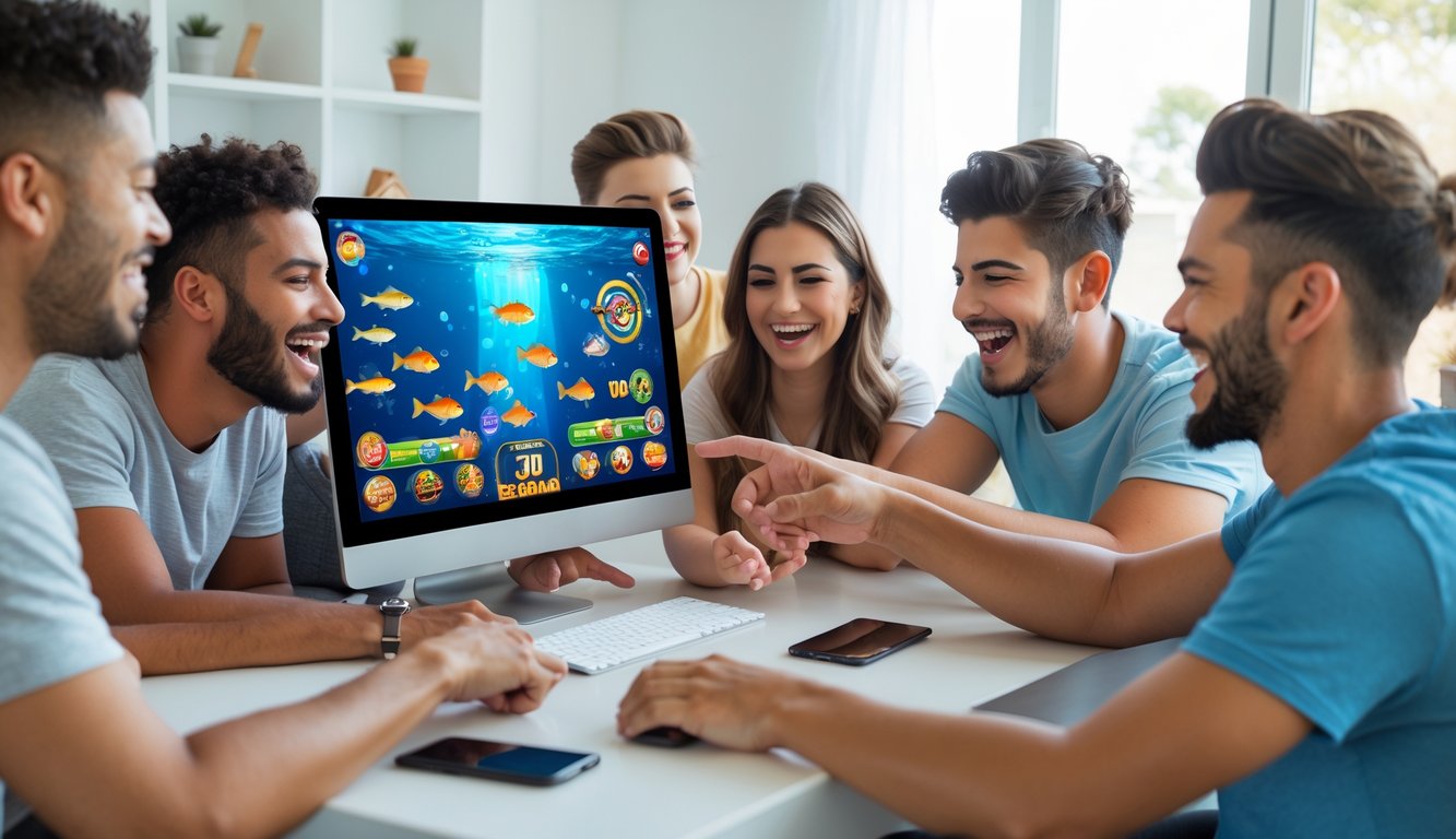 Beberapa orang muda bermain permainan tembak ikan online dengan layar komputer yang menampilkan ikan berwarna-warni dan suasana penuh semangat.