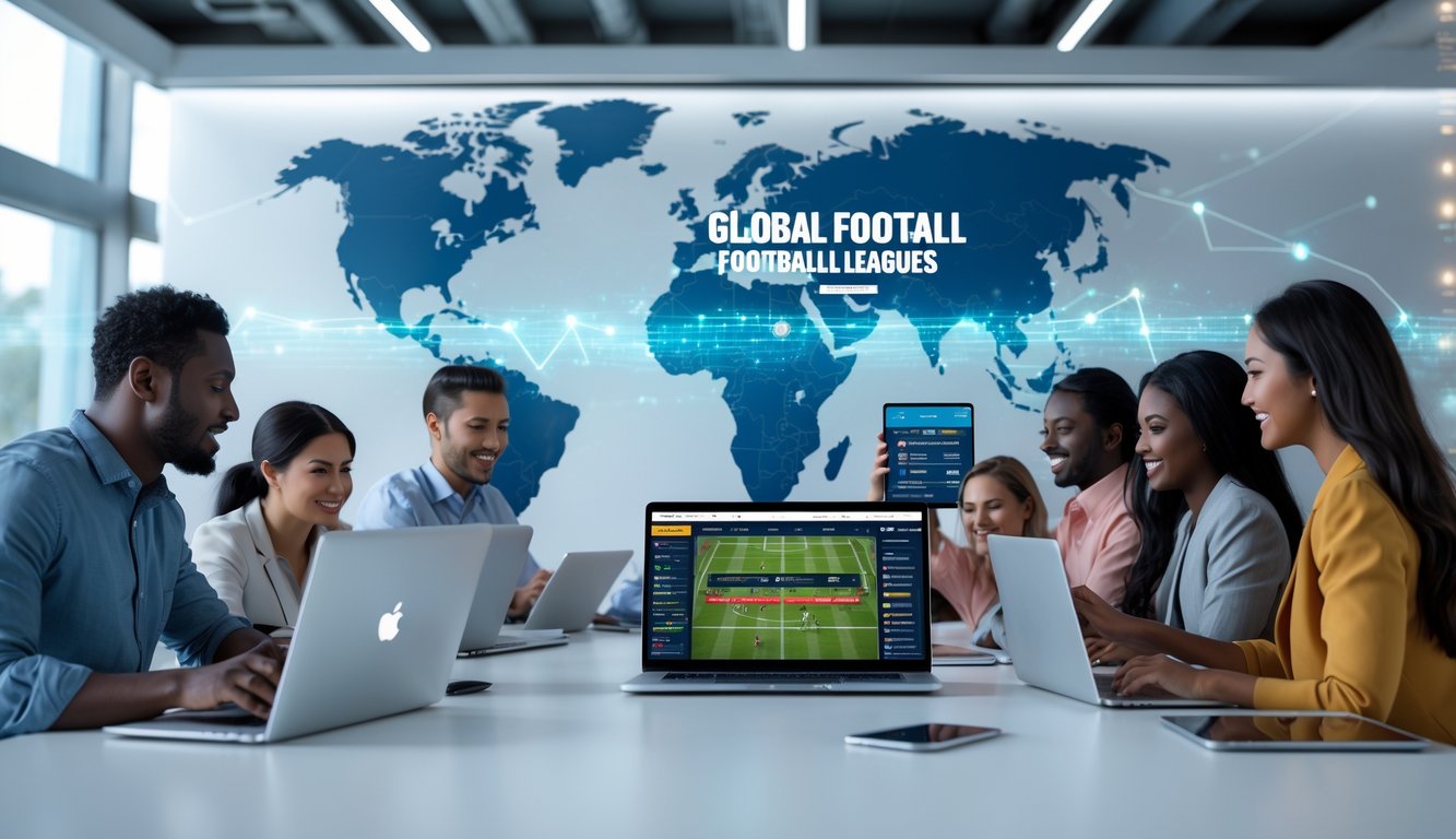 Orang-orang dari berbagai latar belakang menggunakan perangkat digital untuk melihat pertandingan sepak bola dan taruhan secara online dalam suasana kantor modern.