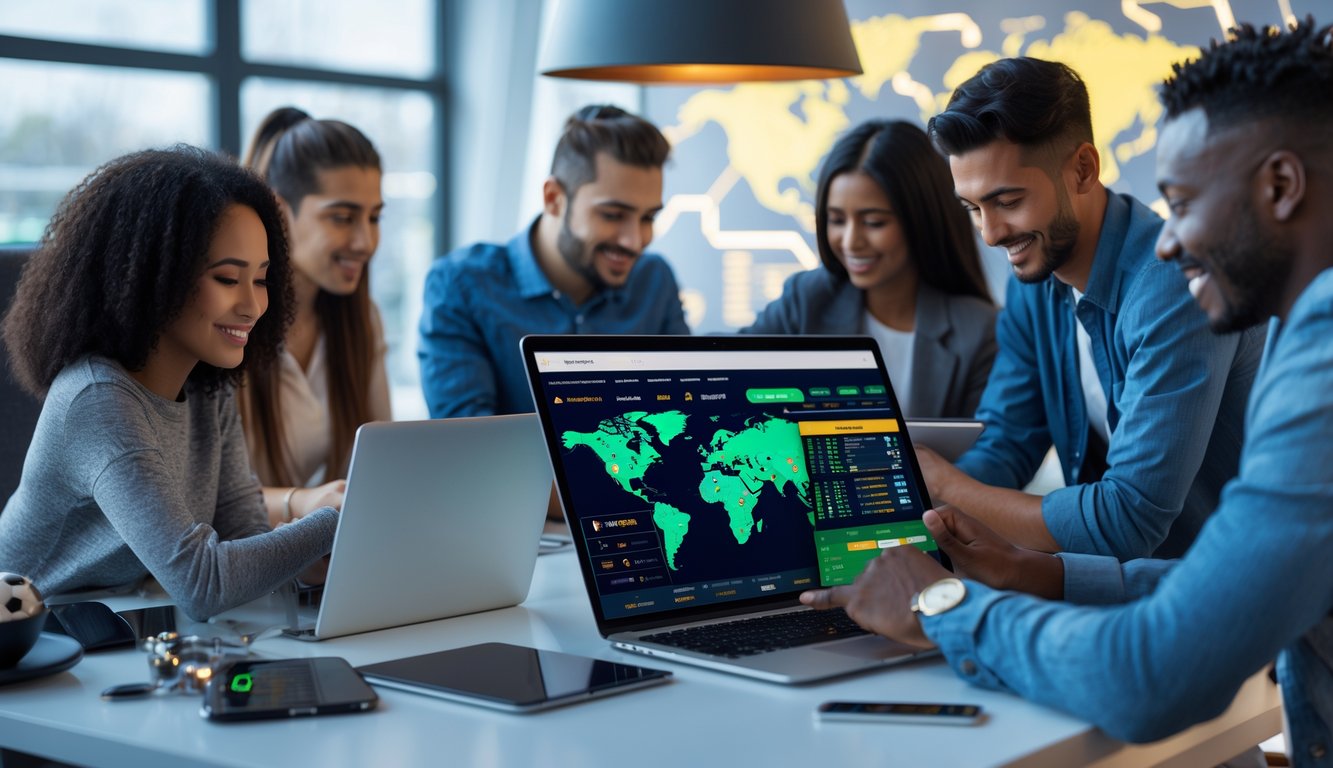 Sekelompok orang beragam menggunakan perangkat digital untuk mengakses platform taruhan sepak bola dunia di lingkungan modern.