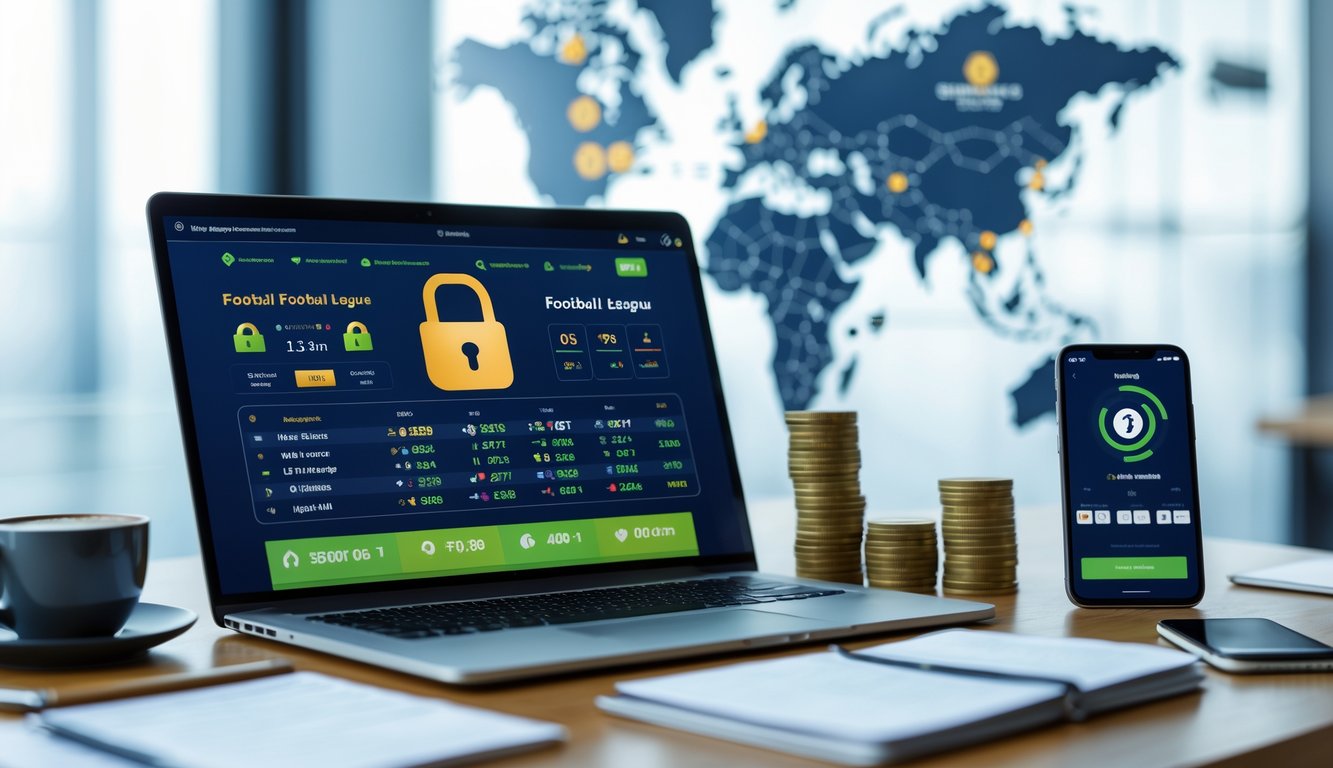 Seorang pria menggunakan laptop di meja kerja dengan tampilan platform taruhan sepak bola dunia di layar, dikelilingi oleh simbol keamanan dan keuntungan.