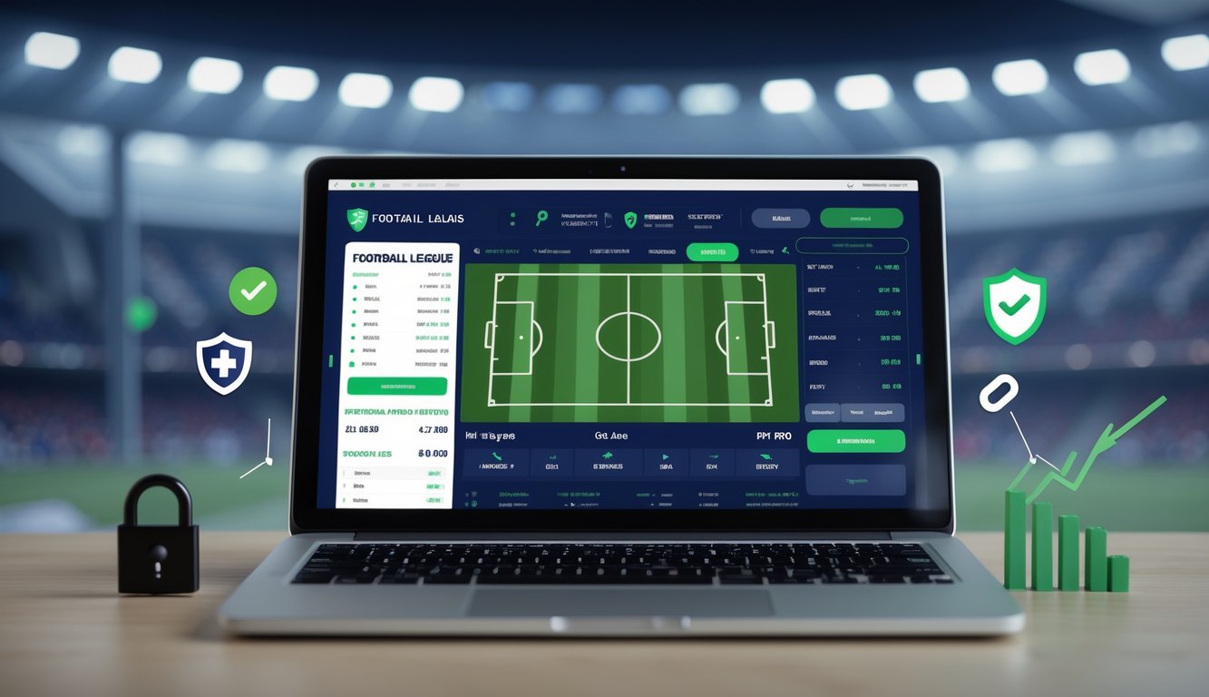 Seorang pengguna melihat layar komputer dengan tampilan platform taruhan sepak bola yang aman dan profesional, dengan latar belakang stadion sepak bola internasional.