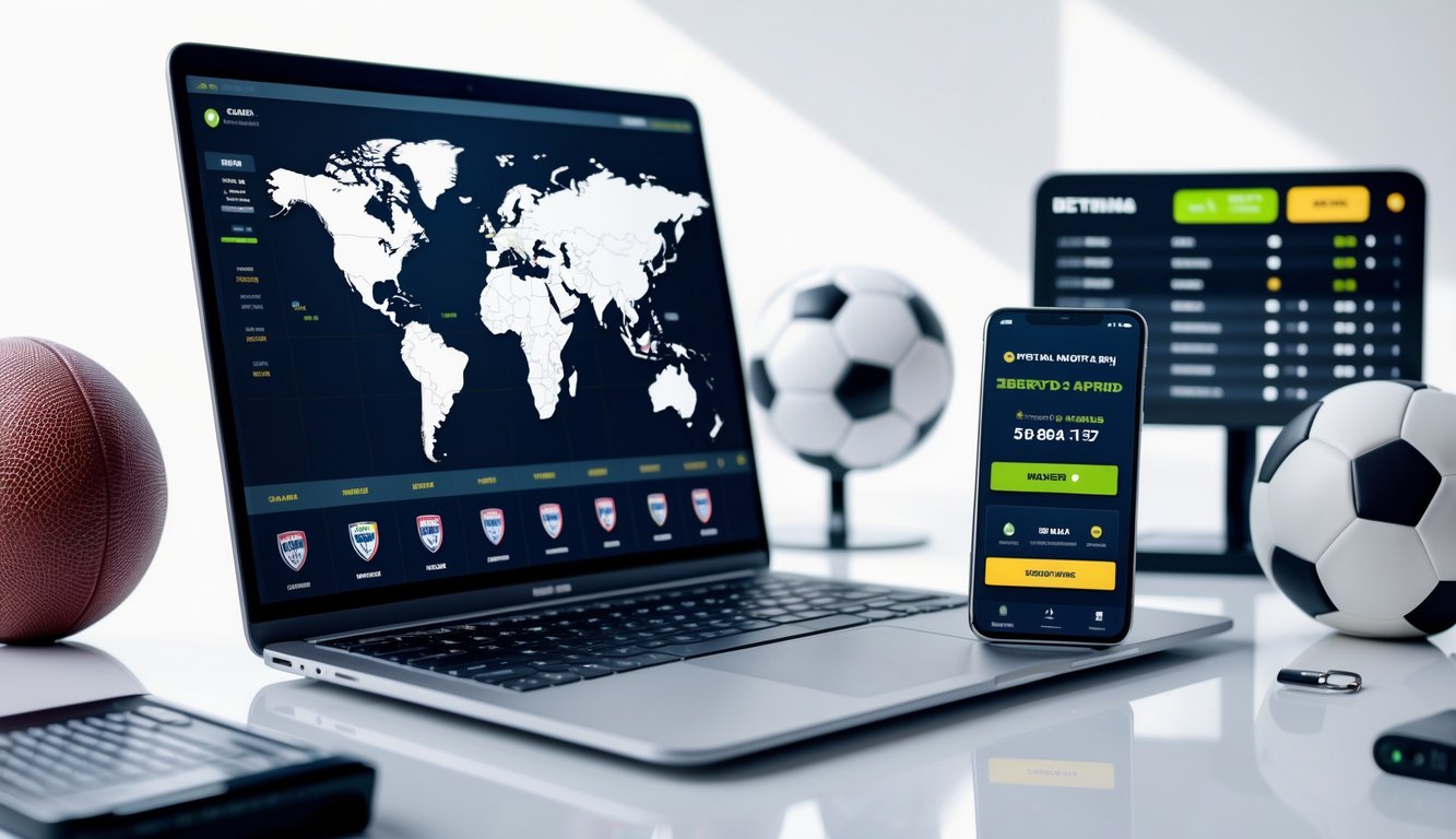 Meja kerja dengan laptop dan ponsel yang menampilkan aplikasi taruhan sepak bola dunia, dikelilingi bola sepak dan peluit wasit.