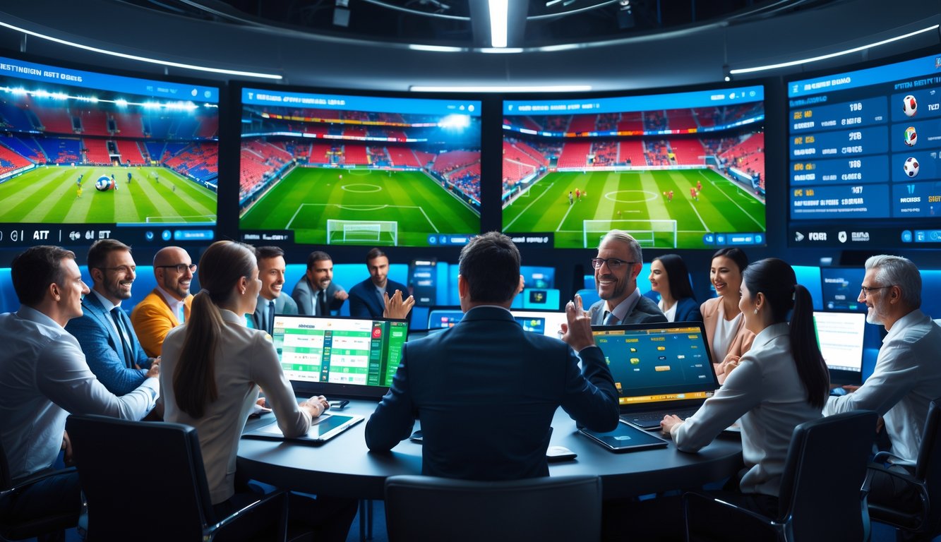 Sekelompok orang sedang menonton pertandingan sepak bola di layar besar dengan perangkat elektronik di sekitar mereka, menunjukkan suasana taruhan sepak bola internasional.