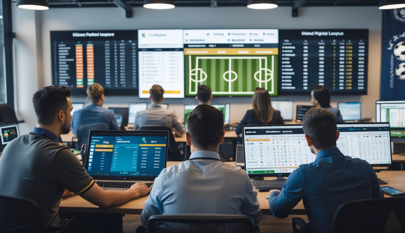 Sekelompok orang menggunakan perangkat digital di ruang kantor dengan layar besar yang menampilkan pertandingan sepak bola dan statistik taruhan.