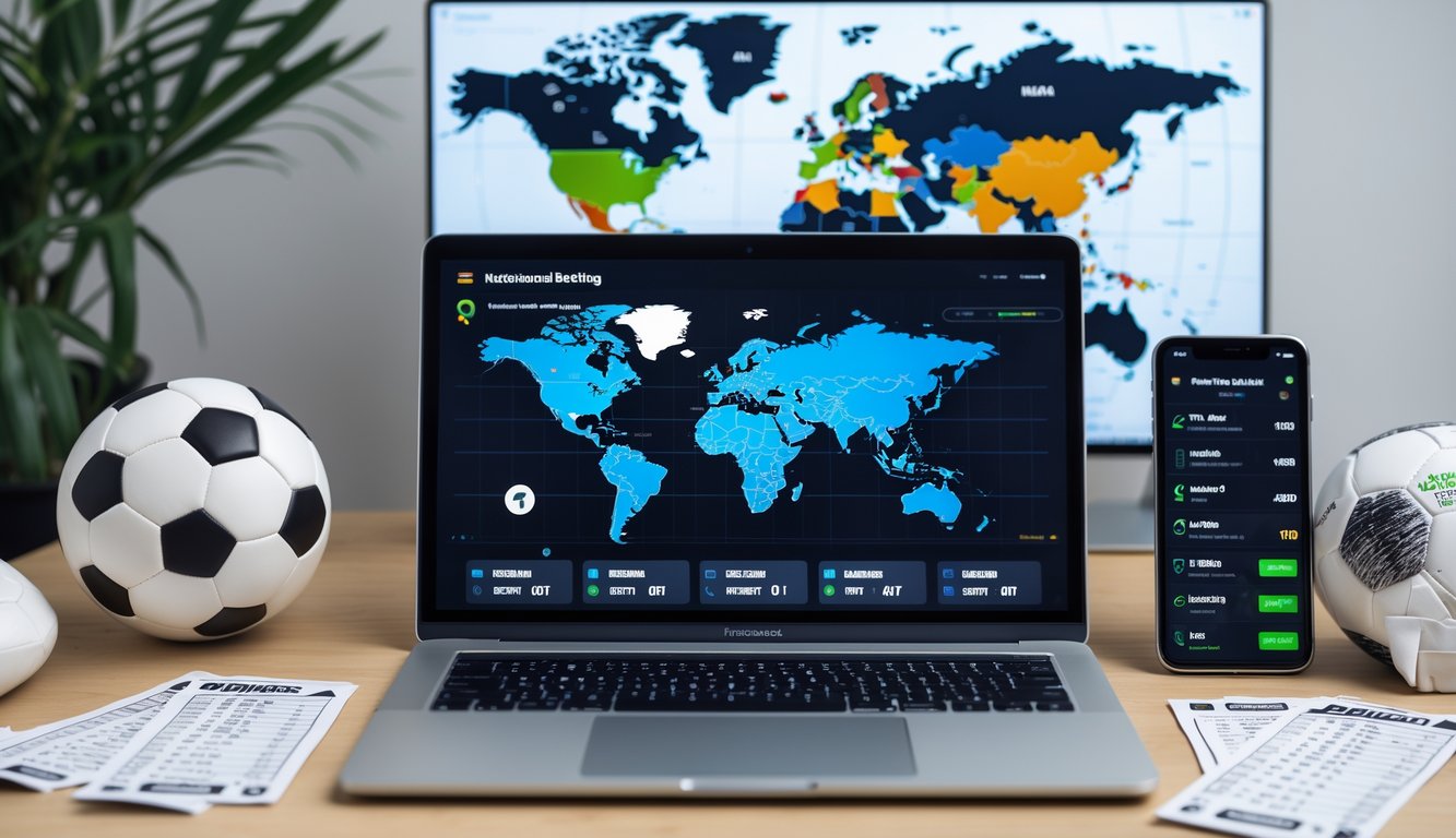 Seorang pria menggunakan laptop dengan tampilan platform taruhan bola internasional, dikelilingi bola sepak, peta dunia, dan ponsel di atas meja kerja.