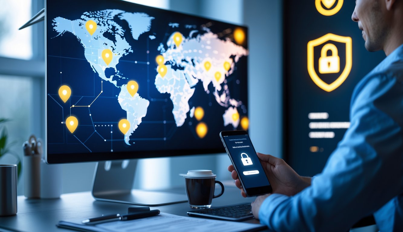 Sebuah ruang kerja modern dengan layar komputer menampilkan peta dunia dan ikon sepak bola, serta smartphone yang menunjukkan konfirmasi pembayaran aman.