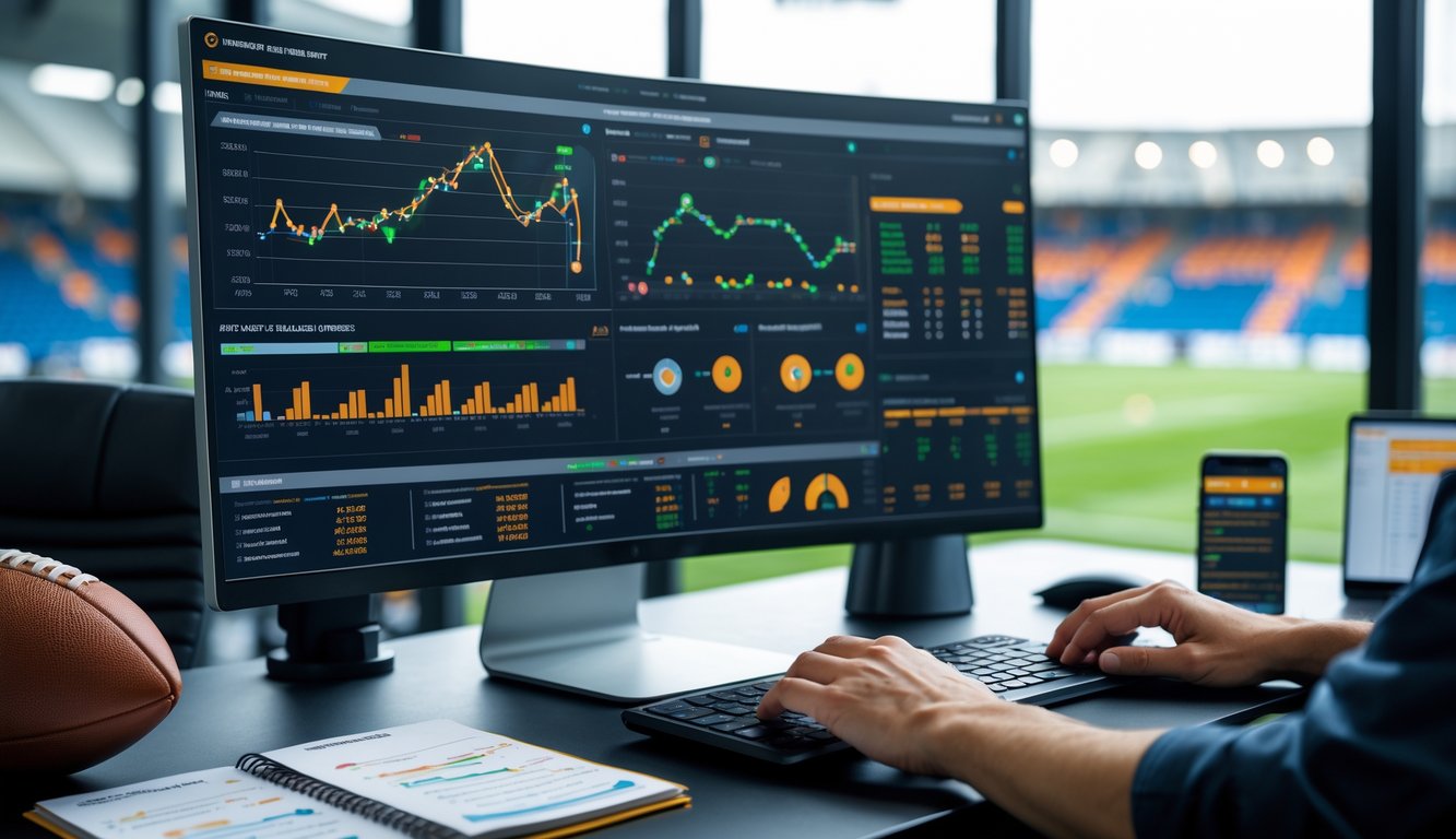 Orang sedang menganalisis data pertandingan sepak bola di depan komputer dengan grafik dan bola sepak di meja kerja.