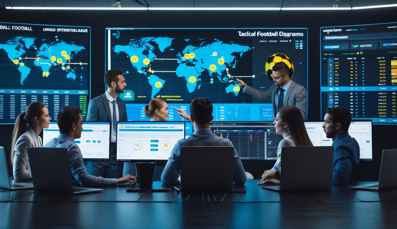 Sekelompok profesional sedang menganalisis data pertandingan sepak bola di ruang kerja dengan beberapa layar digital yang menampilkan statistik dan gambar pertandingan.