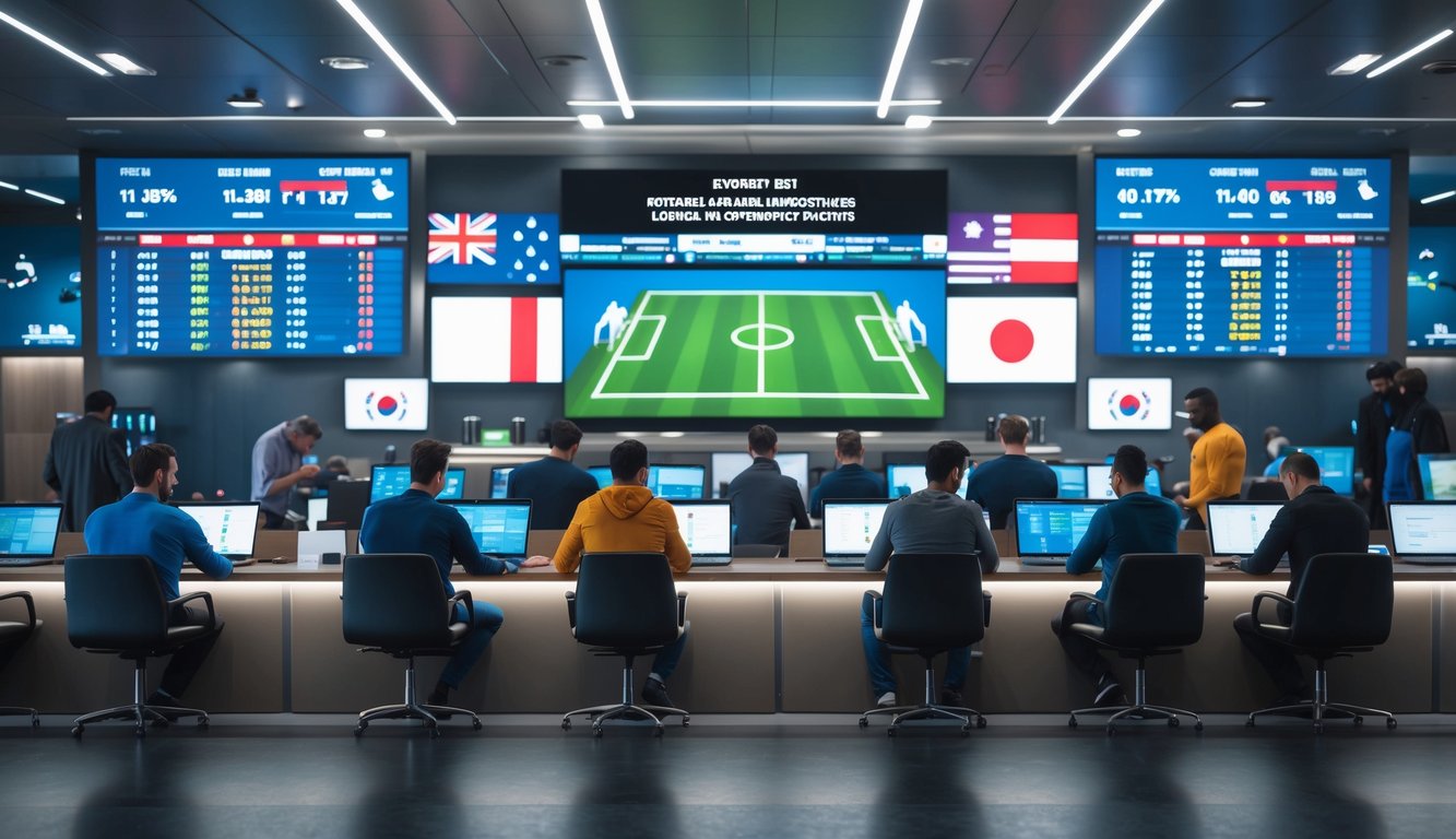 Orang-orang sedang melihat layar besar yang menampilkan pertandingan sepak bola dan statistik taruhan secara langsung di sebuah ruang modern.