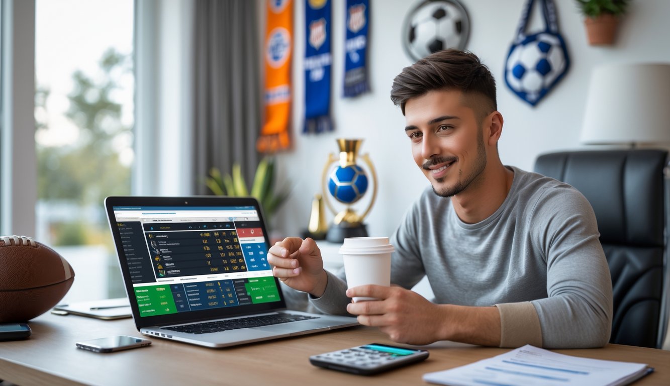 Seorang pria muda duduk di meja dengan laptop, memeriksa statistik pertandingan sepak bola dan aplikasi taruhan, di ruang kerja rumah dengan dekorasi sepak bola di latar belakang.