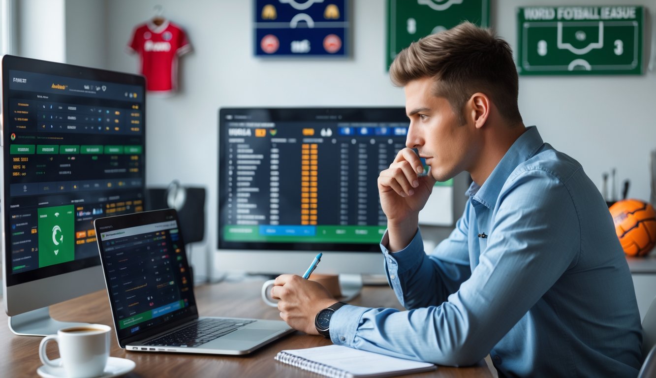 Seorang pria muda duduk di meja dengan laptop dan beberapa layar menampilkan statistik pertandingan sepak bola, tampak fokus menganalisis strategi taruhan bola.