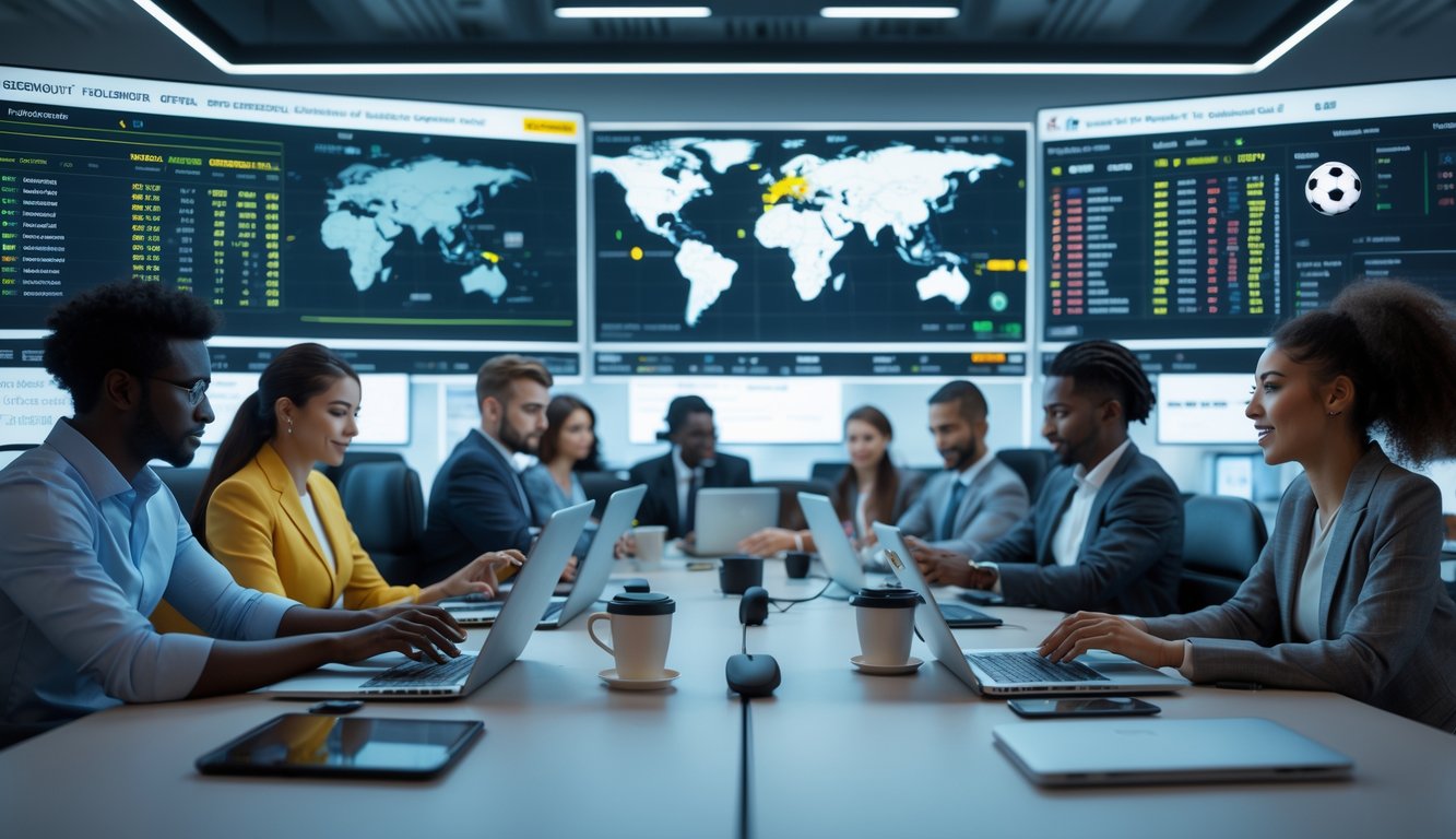 Orang-orang sedang menggunakan perangkat digital untuk melihat pertandingan sepak bola internasional dan memasang taruhan di sebuah ruang kerja modern.