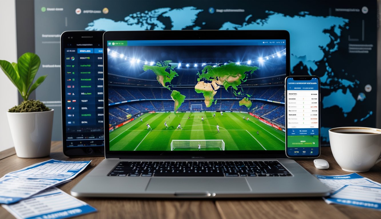 Seseorang menggunakan laptop dengan pertandingan sepak bola internasional di layar, dikelilingi oleh alat taruhan dan peta dunia di latar belakang.