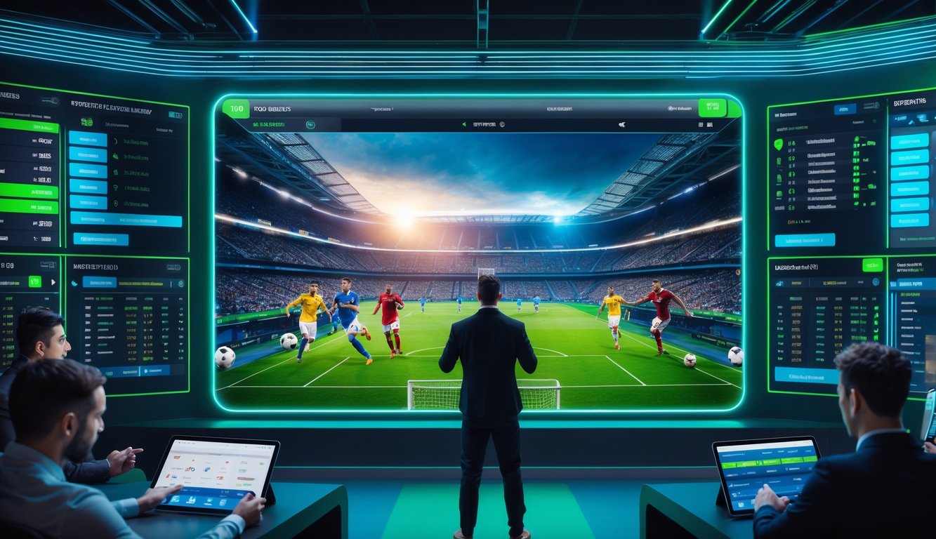 Orang-orang menggunakan perangkat digital untuk menonton pertandingan sepak bola secara langsung dan memasang taruhan secara real-time di sebuah ruangan berteknologi tinggi.