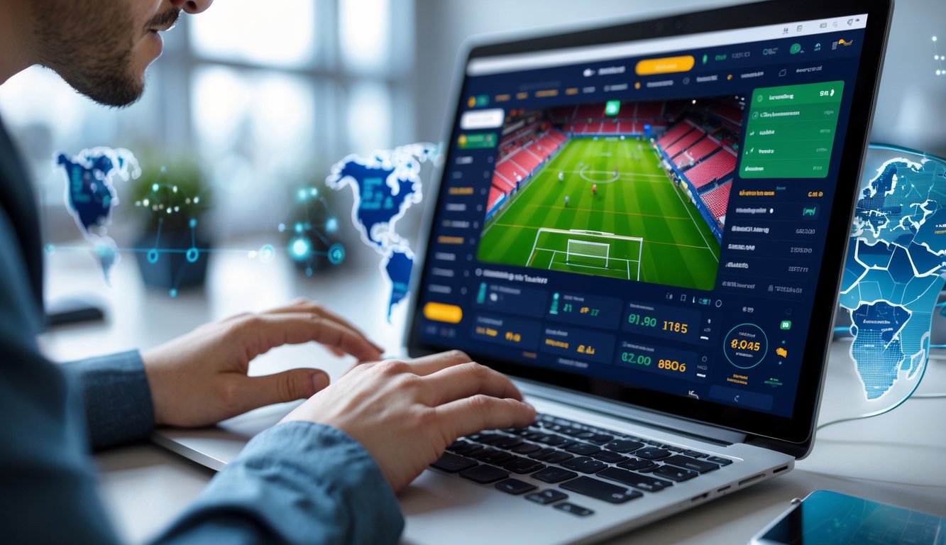 Seseorang menggunakan komputer dengan layar menampilkan pertandingan sepak bola secara langsung dan fitur taruhan waktu nyata.