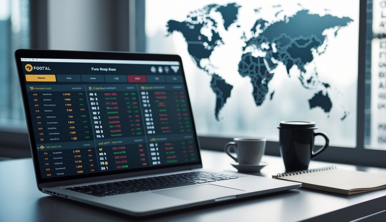 Seorang pria menggunakan laptop dan ponsel untuk melihat peluang taruhan sepak bola dari berbagai liga dunia di meja kerja yang rapi.