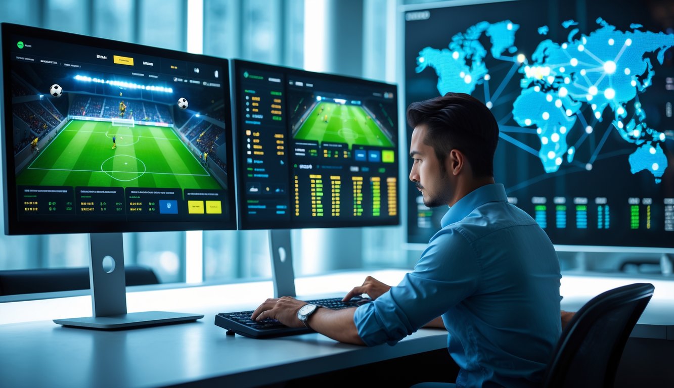 Seorang pria di meja kerja dengan beberapa layar menampilkan pertandingan sepak bola dari berbagai liga dunia dan data taruhan.