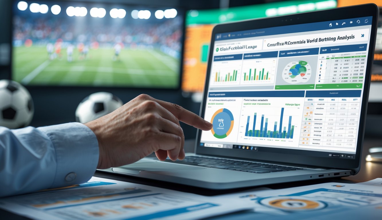 Seseorang sedang menganalisis statistik sepak bola dunia di depan laptop dengan grafik dan data di meja kerja.