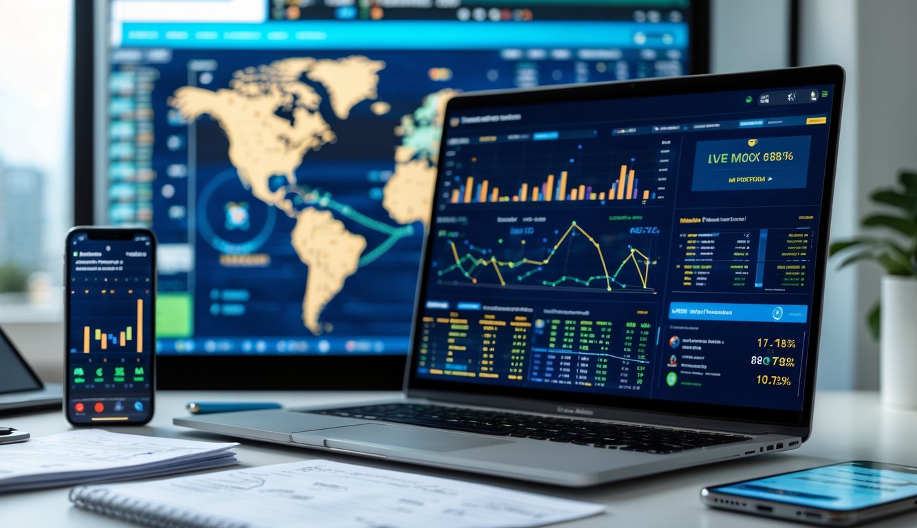 Meja kerja dengan laptop yang menampilkan statistik pertandingan sepak bola, catatan dan ponsel dengan skor pertandingan, serta layar digital besar yang menunjukkan peta dunia dan data liga sepak bola.