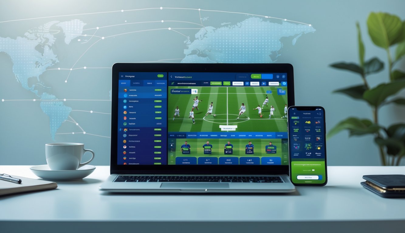 Sebuah laptop dan ponsel menampilkan pertandingan sepak bola internasional di meja kerja yang rapi dengan dekorasi minimalis.