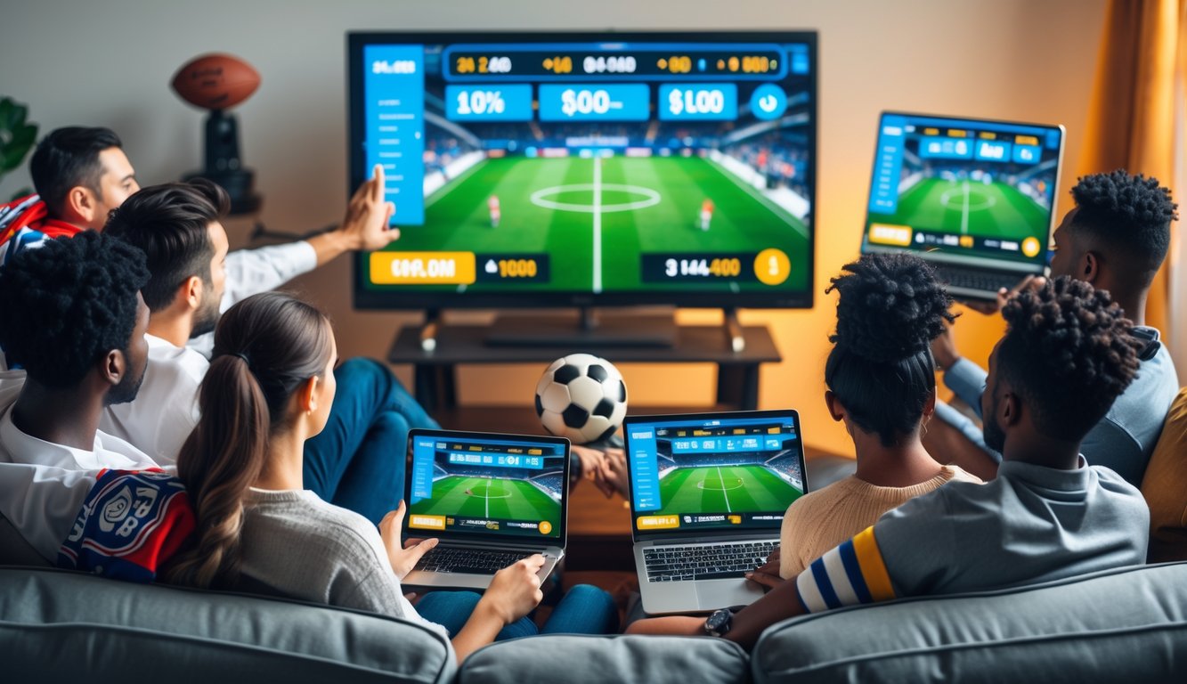 Sekelompok orang dari berbagai latar belakang menonton pertandingan sepak bola dengan perangkat digital di ruang tamu modern yang nyaman.