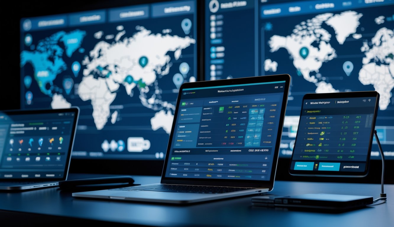 Meja kerja modern dengan beberapa perangkat digital menampilkan statistik liga sepak bola dunia dan peta dunia dengan ikon sepak bola di latar belakang.