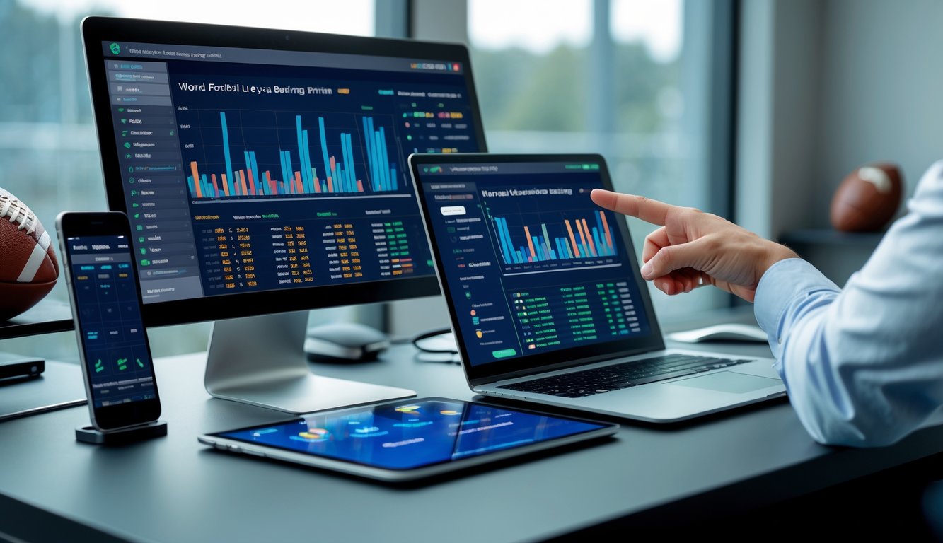 Seorang profesional di meja kerja dengan beberapa perangkat digital yang menampilkan data dan statistik taruhan bola dari berbagai liga dunia.