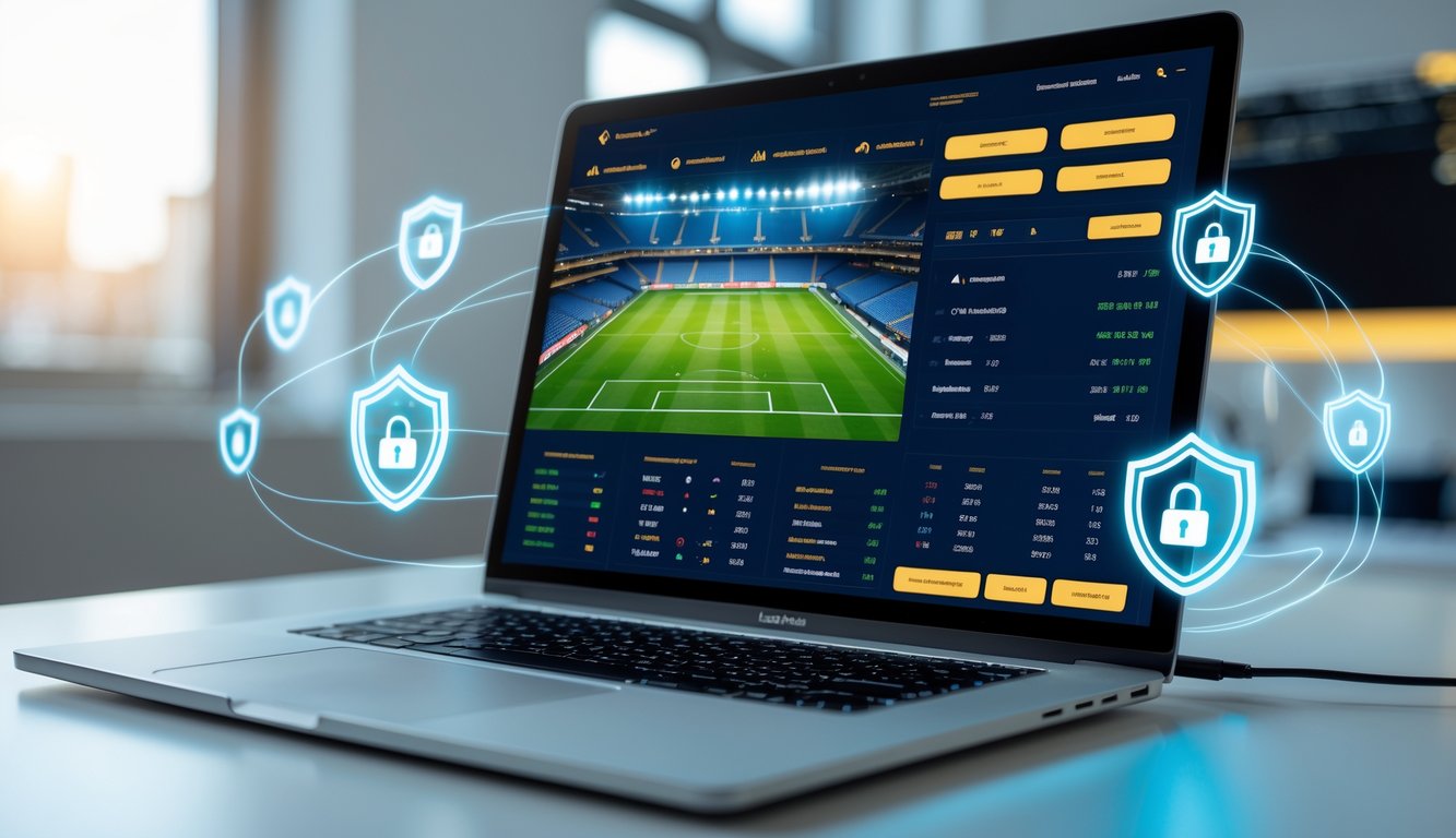 Seorang pengguna bekerja di depan komputer dengan tampilan antarmuka taruhan sepak bola dunia, dikelilingi ikon keamanan dan simbol transaksi cepat.