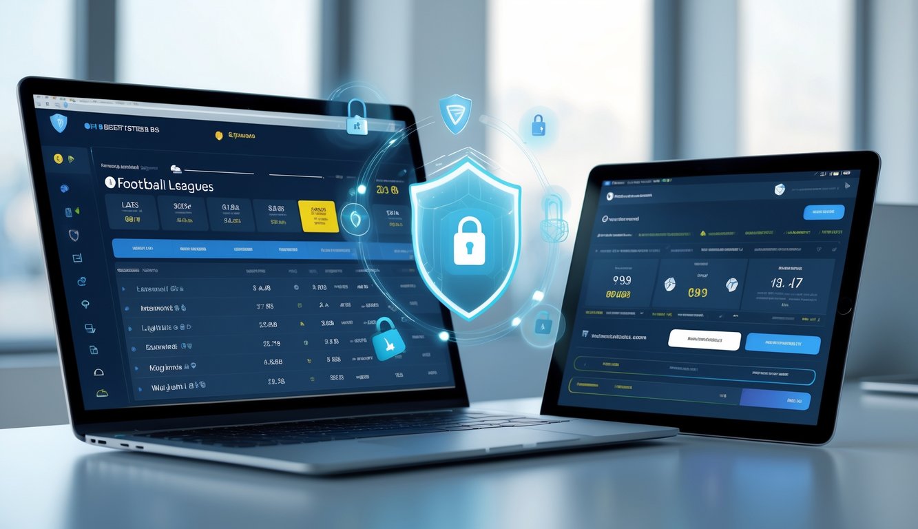 Antarmuka digital pada laptop dan ponsel yang menampilkan statistik sepak bola dan simbol keamanan di lingkungan kantor modern.