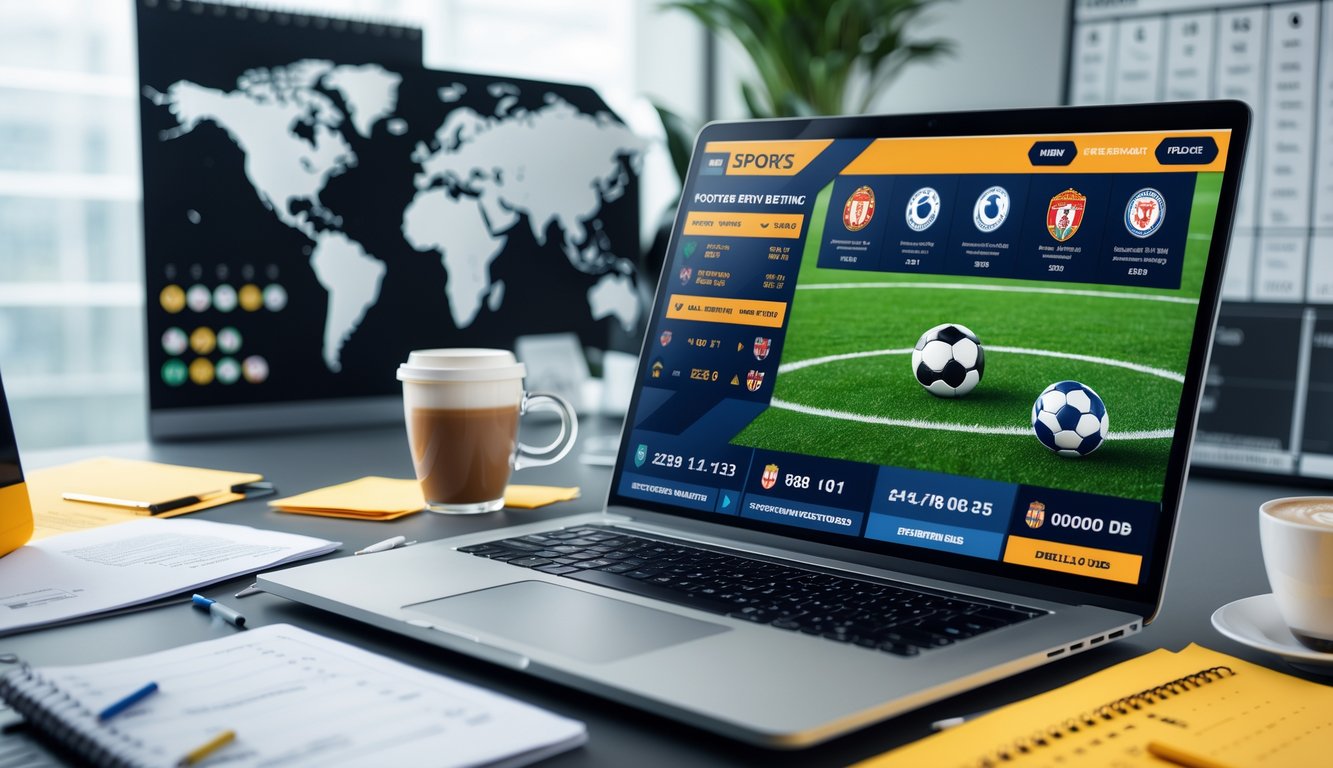 Seorang profesional bekerja dengan laptop yang menampilkan platform taruhan bola, dikelilingi oleh catatan, ponsel, dan cangkir kopi di meja kerja.