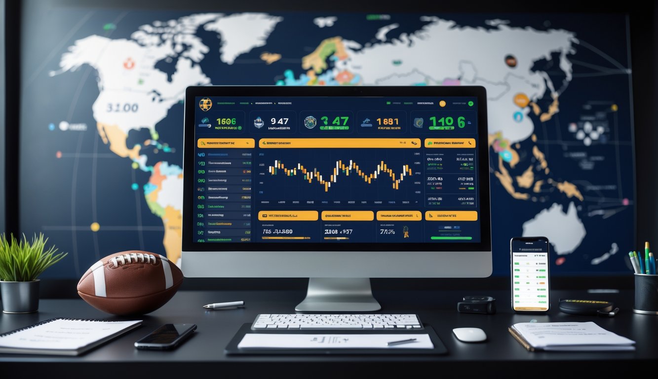 Meja kerja dengan komputer menampilkan statistik dan promosi sepak bola internasional, bola sepak, dan ponsel dengan peluang taruhan.