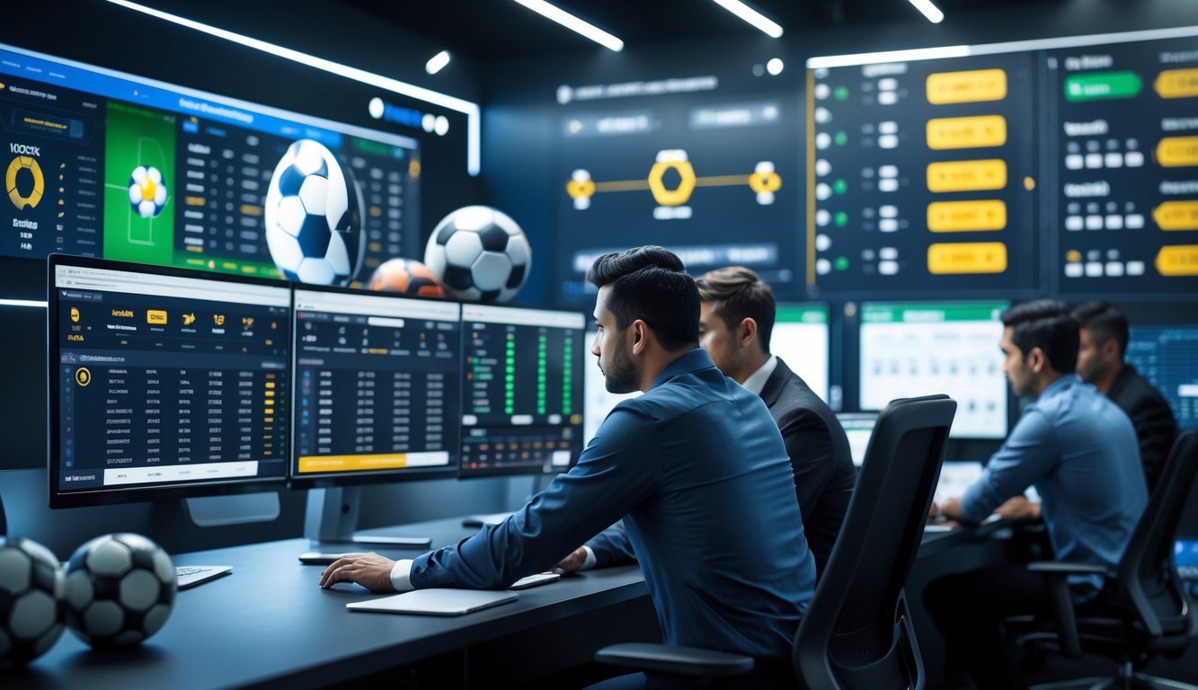 Orang-orang profesional bekerja di depan layar komputer yang menampilkan pertandingan sepak bola dan statistik taruhan dari liga Asia dan Eropa.