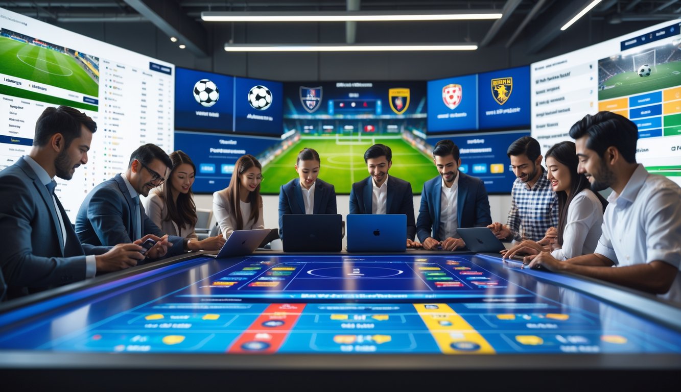 Orang-orang berkumpul di sekitar meja digital yang menampilkan pilihan taruhan sepak bola dari berbagai liga dunia, dengan layar besar menampilkan pertandingan dan data taruhan.