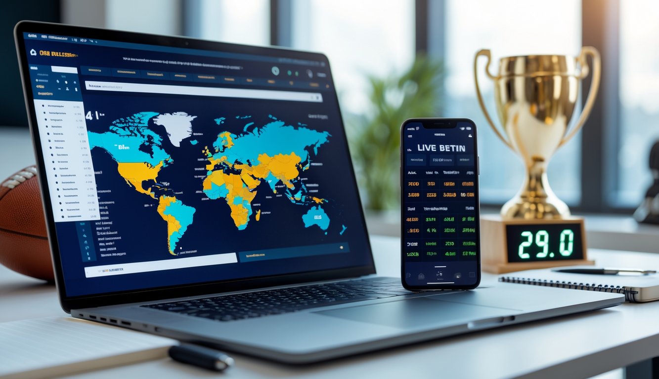 Meja kerja modern dengan laptop, ponsel, dan perlengkapan terkait taruhan sepak bola dunia.