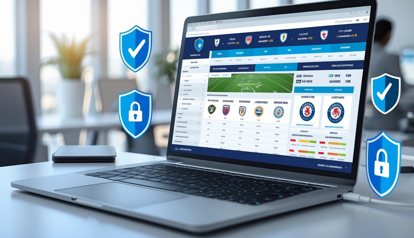 Tampilan layar komputer dengan antarmuka platform taruhan bola online yang menampilkan statistik pertandingan dan simbol keamanan di lingkungan kantor modern.
