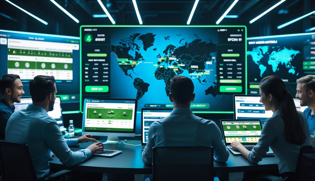 Orang-orang menggunakan perangkat digital untuk memasang taruhan sepak bola dengan tampilan layar yang menampilkan pertandingan dan peluang taruhan.