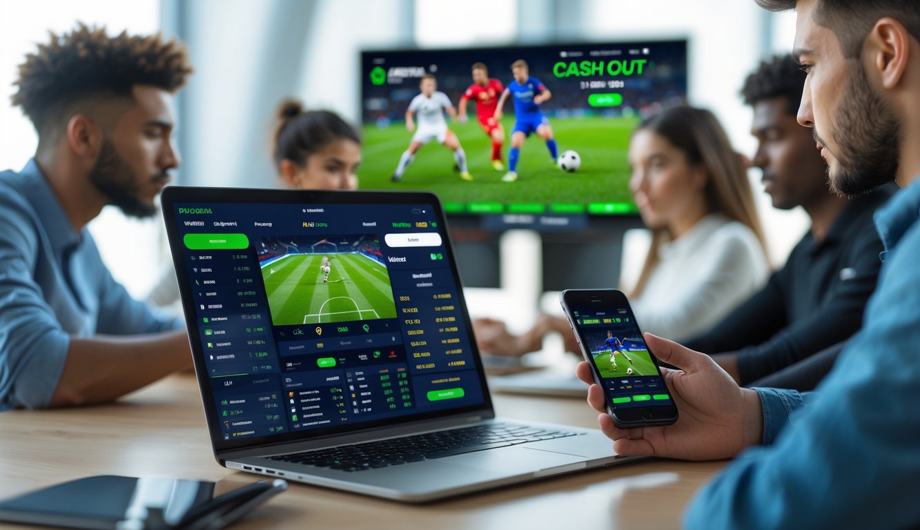 Beberapa orang muda sedang menggunakan laptop dan ponsel untuk memasang taruhan pada pertandingan sepak bola secara online.