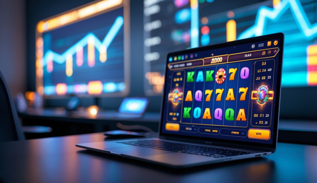 Sebuah laptop di meja menampilkan permainan slot online dengan latar belakang elemen digital dan suasana kerja yang rapi.