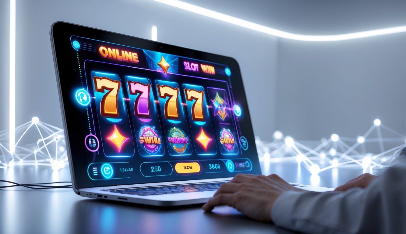 Layar perangkat digital menampilkan permainan slot online dengan simbol warna-warni dan efek cahaya, menggambarkan suasana permainan slot daring yang modern dan menarik.